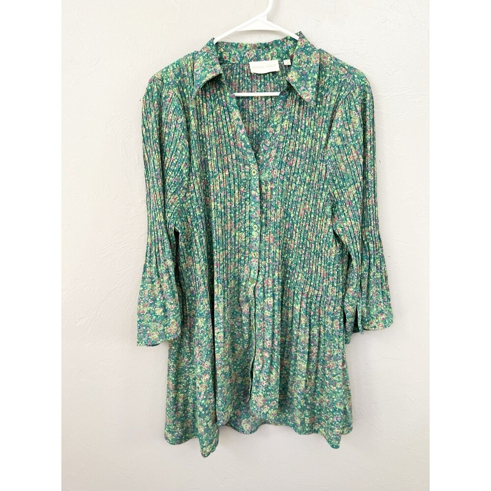 Sunny Leigh Flare Sleeve Ruffle Crinkle Sheer Top Size 3X Green Floral Y2K Boxy